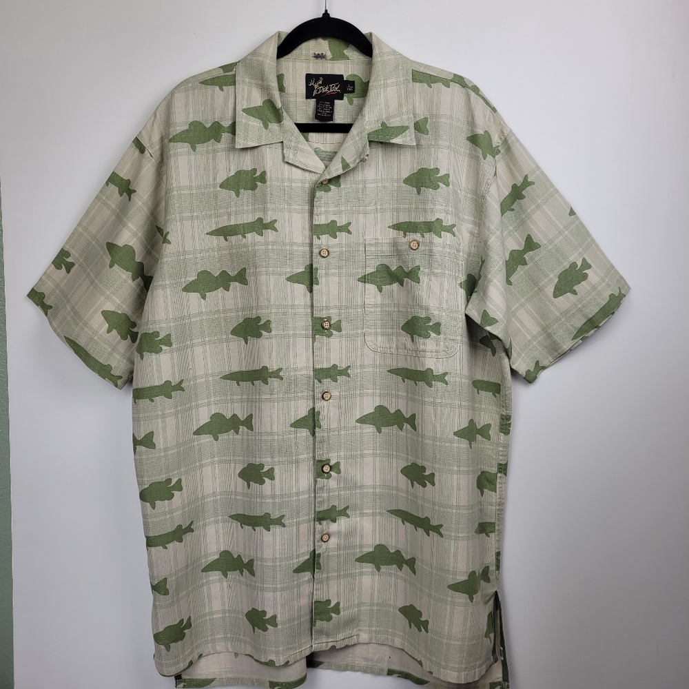 DICK IDOL Fish Print Shirt Linen Blend Green Size L Tall Relaxed Camp Fisherman